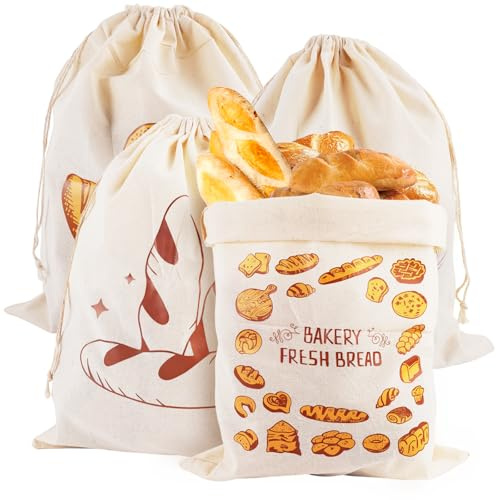 4 Stück Brotbeutel Leinen 40x30cm Brotsack zum Frischhalten, Leinen Brotbeutel Aufbewahrung Frischhalten, Brottasche mit Kordelzug, Wiederverwendbar Leinenbeutel für Brot, Brötchenbeutel für Gemüse