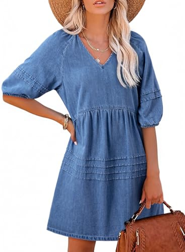 Dokotoo Women's Denim Dress Casaul V Neck Short Sleeve Puff Sleeve Cute Babydoll Mini Jean Dress for Women Spring Fashion Back Tie Cotton Fabric Outfits Solid Trendy Flowy Denim Dresses Dusk Blue XL