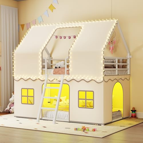 BTHFST Bunk Bed Twin Over Twin with Play Curtain, House Bunk Bed with LED Lights, Metal Kids Bunk Bed with Inclined Ladder and Guardrail, Space Saving, No Box Spring Needed, Off-White