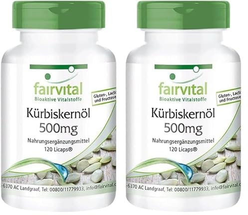 fairvital Capsule di olio di semi di zucca, 120 LiCaps®, facili da deglutire, 2000 mg per dose giornaliera, naturale e spremuto a freddo, ad alto dosaggio, VEGANO (Confezione da 2)