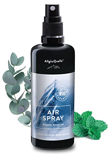 AllgäuQuelle® BIO-Airspray mit 100% Bio-Öle Allgäuer Atemwohl Eukalyptus Salbei Minze Cajeput (100ml). Natürlicher BIO-Raumduft m. ätherische Öle. BIO-Raumspray naturrein und biologisch.