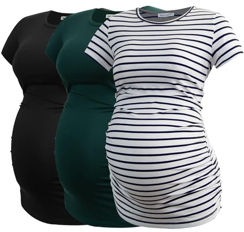 Smallshow graviditet kläder toppar sida Ruched graviditet kläder för kvinnor 3-Pack Black-Deep Green-White Stripe XXL