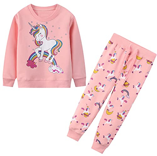 JinBei Ensemble de Survêtement pour Enfants Sport Fille Licorne Rose Arc-en-ciel Cheval Coton Manche Longue Casual 2 Pièces Sweat-shirt Pantalons et Haut Pullover Jogging Sportswear 6-7 Ans