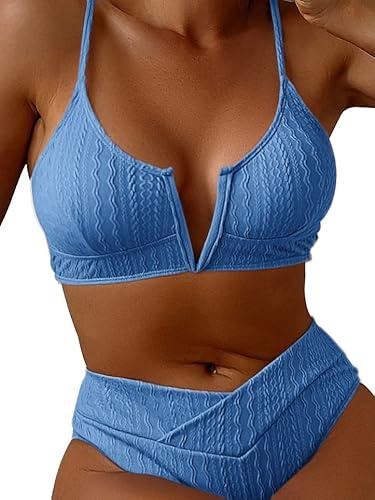 HYTENSUN Women's V Cut High Waisted Bikini Ribbed V-Wired Cami Two Pieces Swimsuit Blue