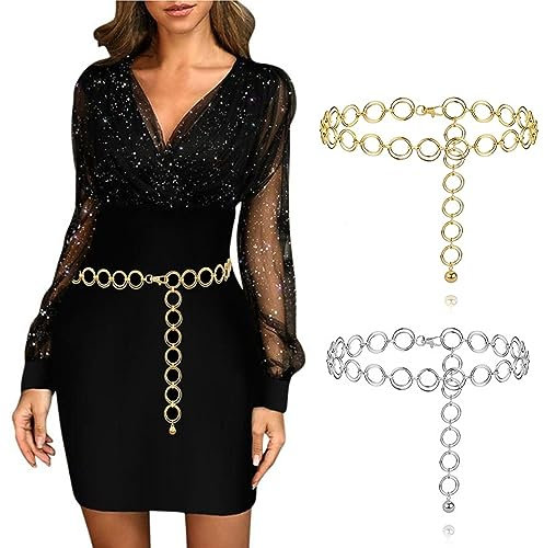 YUEMING 2 Stück Taillenkette Gold und Silber Damen Gürtel Mode Metall Kettengürtel Legierung Taille Gürtel Einstellbare Taillenkette, Kettengürtel für Damen, 103cm