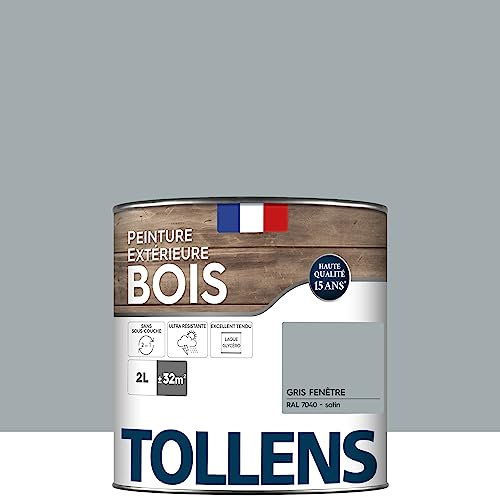 Tollens - Peinture extérieure bois 2 en 1 - Ultra Résistante - Finition Satin - Laque Riche en Résine - Pour Toute Boiserie Extérieure - Sans Sous-Couche - Satin - Gris Fenêtre - 2L = 32m2