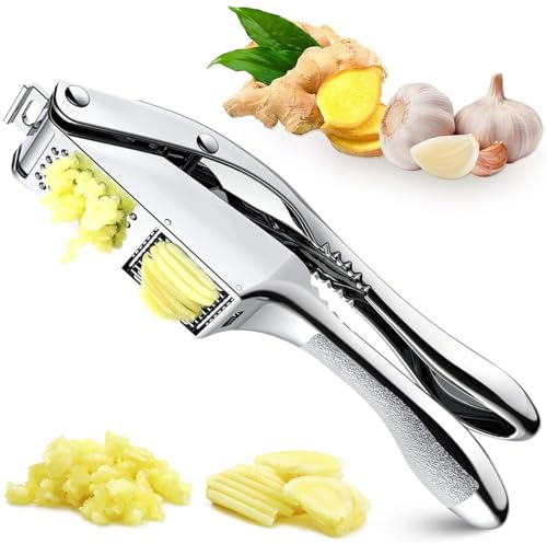 Garlic Press Slicer Easy to Use & Clean Crusher Ginger Mincer Stainless Steel Heavy Duty Peeler Squeezer Rust Proof & Dishwasher Safe Ergonomics Handle Kitchen 2in1