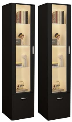 Sossiyule Set di 2 vetrine a LED con anta e ripiani in vetro, luci armadio per mobili da salotto, ufficio, 42 x 30 x 160 cm (nero)