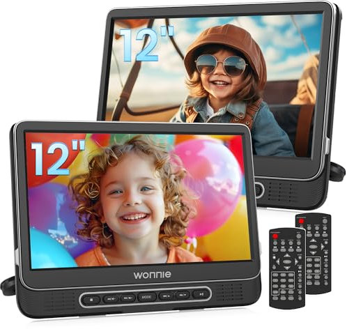 WONNIE - Two 12 Car DVD Players, Dual Screen, Portable, Car Headrest with 5 Hour Rechargeable Battery, 2 Mounting Brackets, Free of