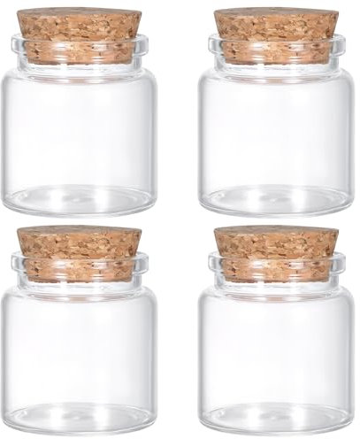 Lusofie 4 botellas de cristal transparentes con corcho vacías, 50 ml, tarros pequeños con tapa, tarros de especias, frascos de vidrio para decoración, regalos, fiestas, especias de cocina,