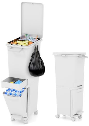 LIFEZEAL 32 L Pattumiera Differenziata a 3 Scomparti, 1 Cassetto, Pedale, 4 Ruote, Maniglia, Ganci, Apertura Facile, Bidoni Interno, Cestino Spazzatura, Secchio Rifiuti, Raccolta Differenziata Cucina