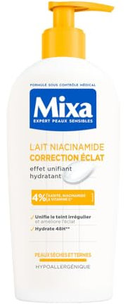 Mixa - Lait Niacinamide Correction Éclat pour Peau Sèche et Terne - Enrichi en Beurre de Karité, Niacinamide et Vitamine C - Corrige les Irrégularités de Textures et de Teint - 250 ml