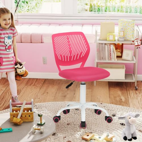 FurnitureR Children's Desk Chair, Adjustable Height Swivel Chair with Small Hole Backrest Design, Suitable for Kids' Bedroom or Study Room, Pink, 38x39x85H