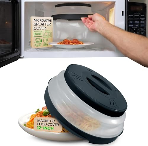 High Power Magnetic Microwave Splatter Cover with strongest magnetic grip, Collapsible 12-Inch BPA-Free Food Lid, Vented Plate Guard, Dishwasher Safe, Space-Saving Magnetic Storage - Black