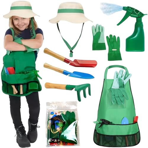 Kit de jardinage pour enfants, 7pcs / set Toddler Gardening Ensemble avec chapeau de soleil, tablier, pulvérisateur, gants, râteau, truelle et pellets, outils jardin pour les enfants Hauteur 45.28
