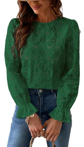 CUPSHE Chemisier Femme Chic en Dentelle Coton Guipure Haut Manches Longues Évasées T-Shirt Ajouré Motif Floral Élégant Blouse Bohème Vintage