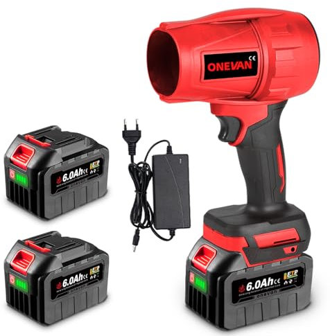 ONEVAN soplador de Hojas inalambrico, Turbo sopladora de Hojas con bateria de 2x4.0ah, 576 km/h, sin escobillas, portátil soplador de Aire bateria para Eliminar (Rojo, con 2 baterías de 6,0 Ah)