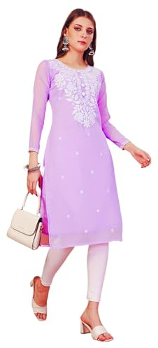 Estationeryhouse Kurti en georgette pour femmes Lucknowi chikankari, design rose avec broderie lourde, sans bas, lilas, M