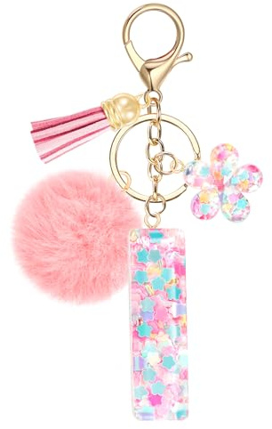JSRQT Cute Pink Initial Letter Keychain, Flower Sequins Resin Alphabet Letter Keyrings, Flower Tassel Poms Pendants Bag Charm Car Key Chains