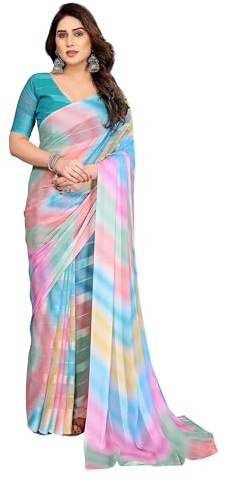 ETHNICMODE Indian Saree For Women Printed Georgette Light Weight Jari Party Wear Multicolor Sari With Unstitched Turquoise Blouse Piece-1193