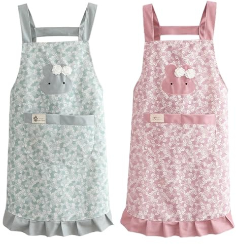 Hwtcjx 2 Pezzi Grembiule da Cucina Chef, Grembiule da Ristorante BBQ Bar, Regolabile Grembiuli con Tasche Chef di Cucina, Anti-fouling Gembiule Cucina Uomo Donna (Rosa, Verde)