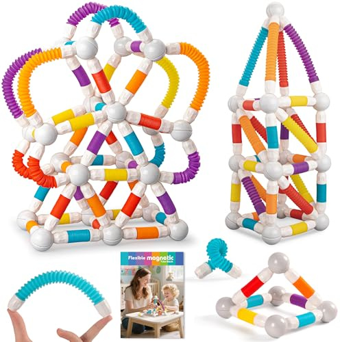 ROUSKY Giocattolo magnetico da costruzione, 66 pezzi, 24 sfere e 42 aste flessibili, giocattolo educativo STEM per bambini dai 3 anni, 23,8 x 16,5 x 16 cm (66 pezzi)