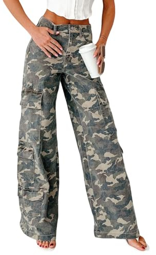 loveimgs Women Casual Camo Print Denim Pants Y2k Wide Leg Cargo Jeans Flare Distressed Camouflage Jeans Sweatpants Pockets (Small,Camo)