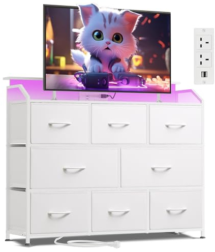 WLIVE Chest of Drawers with LED and Charging Station, 8 Fabric Storage Drawers Deep and Large, Wood Top and Sturdy Steel Frame for Living Room, Bedroom (White)