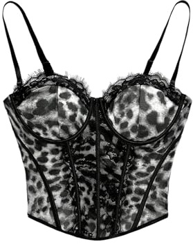 Verdusa Women's Lace Leopard Print Crop Corset Tops Rave Club Date Night Camisole Tops Festival Outfits Black and White Large