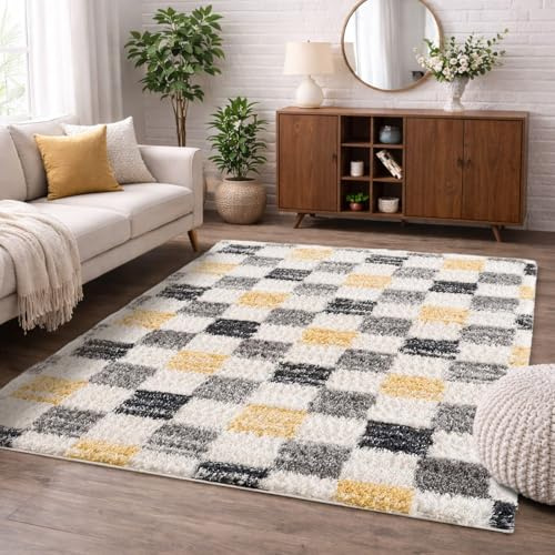 carpet city Hochflor Teppich Shaggy Grau, Gelb 120x160 cm - Kariert, Karo-Muster - flauschig weich, kuschliger Schlafzimmer- & Wohnzimmerteppich