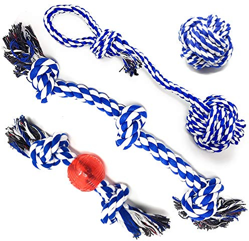 Jouets en Corde pour Chiens - Pack de 4 cordes pour chiens de grande taille qui aiment jouer avec force et qui mâchent avec puissance – Jouet de mastication en coton lavable coloré résistant + sac