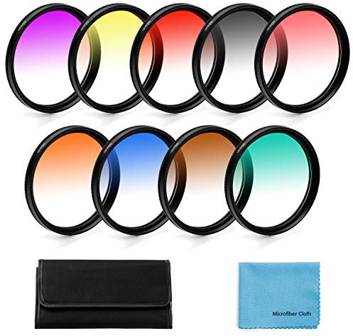 58mm Graduated Color Filters Kit 9 Pieces Gradual Colour Lens Filter Kit Set Accessory for Canon Nikon Sony Pentax Olympus Fuji DSLR Camera + Lens Filter Pouch +Lens Cleaning Cloth