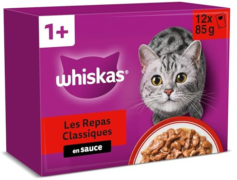 WHISKAS Aliment humide en sauce Chat adulte 12x85g Les Repas Classiques (Lot de 4) 48 Sachets
