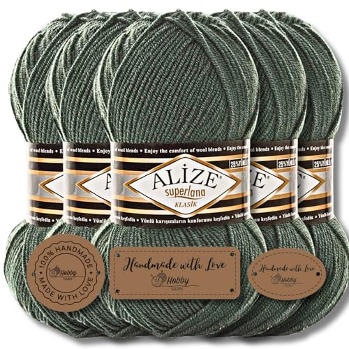 Alize 5 x 100 g Superlana klassisk turkisk premium ull bomull och akryl Uni handstickgarn garn stickgarn enfärgad baby för virkning stickning stickgarn (Smoke Pine | 469)