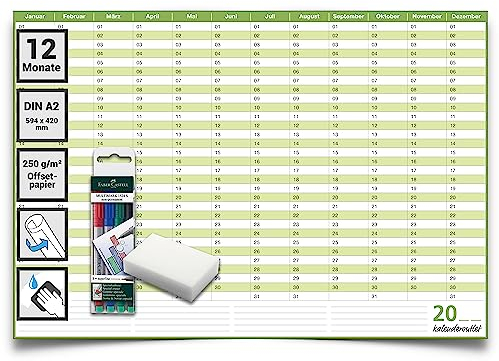 Kalenderoutlet Din A2 Abwischbarer Dauerkalender Geburtstagskalender immerwährender ewiger Kalender Jahresplaner Format: 59,4x42,0cm inkl. 4er Stifte-Set gerollt, jahresunabhängig, deutsche Sprache