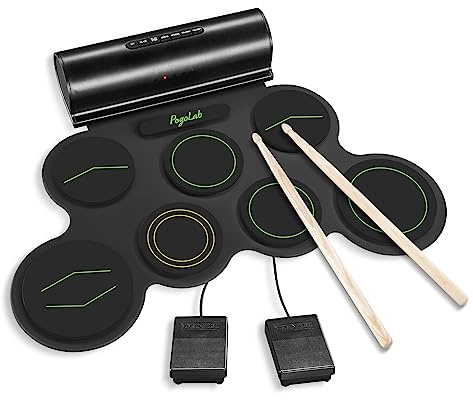 POGOLAB Roll up Drum Mat, 7 Pads Electric Drum Kit, Portable Digital Drum Practice Pad with Dual Stereo Speakers/Drumsticks/Earphone Slot, 10 Hour runtime, Christmas Birthday Gift for Beginner