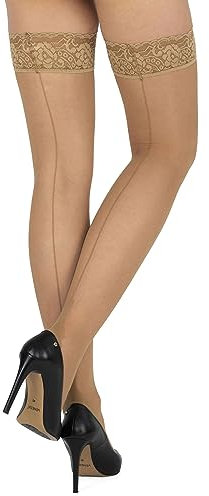 looksy Medias sin soporte para mujer, con costuras en el muslo alto, 20 DEN, medias autoportantes de noche y estilo sexy con cintas de encaje, ropa interior para mujer, Visón., M-L