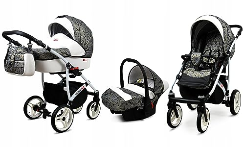BabyLux® Kinderwagen Set 3 in 1 - White Lux - incl. Babywanne, Buggy Sportsitz, Auto-Babyschale - Autositz - Kinderwagenset - Kombikinderwagen mit Wickeltasche, Regenschutz usw.