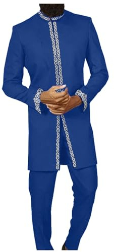 Gefomuofe Conjunto de Dashiki para hombre Traje étnico tradicional Traje casual Acogedor Vestidos étnicos de dos piezas Bata africana, azul, 3XL