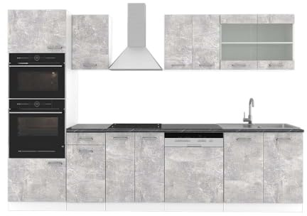 Vicco Küchenzeile R-Line, Beton, 300 cm mit Hochschrank, AP Anthrazit, mit variabel anordenbaren Modulen und höhenverstellbaren Füßen