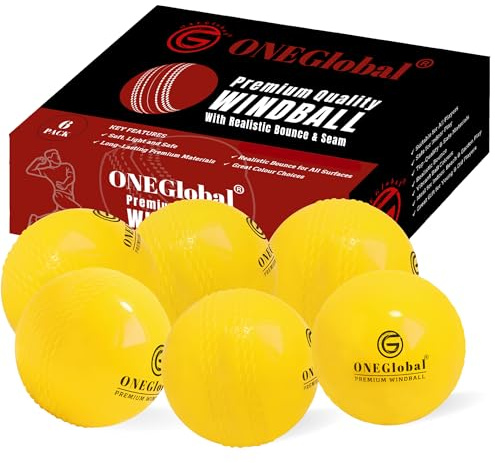 ONEGlobal Premium Windball mjuka cricketbollar | hållbara, mjuka vindbollar med äkta studs och gunga | Perfekt för utomhus- och inomhusträning, coaching och familjekul (6 gul, senigor)