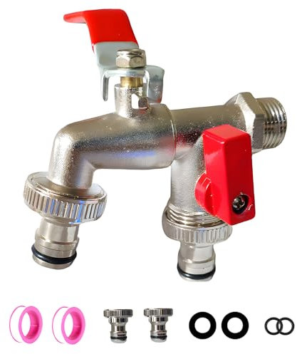 Robinet Double Sortie - Entrée 1/2 Et Sorties Doubles 3/4, Résistance aux Hautes Températures/Antigel/Antirouille/Laiton Double de Qualité Supérieure, pour Jardin, Machine à Laver, Baril de Pluie Att