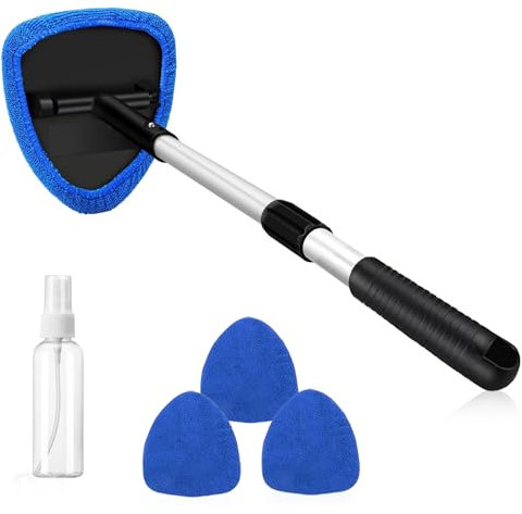 5 Pcs Car Windscreen Cleaner,Car Cleaning Kit, Auto Window Cleaning Tool with 3 Reusable Microfiber Pads, Detachable Handle and Extendable Design, Windshield Wiper Kit for Inside Glass Cleaning (Blue)