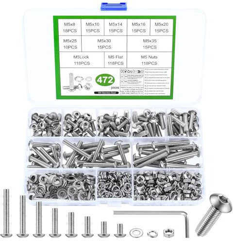 472 Piezas Juego de Tornillos M5 Allen con Tuercas y Arandelas - Set Hexagonal de Cabeza Redonda y Hueca