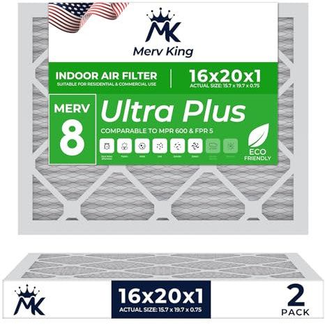 MervKing 16x20x1 Air Filter | MERV 8 | MPR 600-700 Ultra Plus | 2-Pack | Pleated HVAC AC Furnace Replacement Air Filters | Actual Size: 15.7 x 19.7 x 0.75