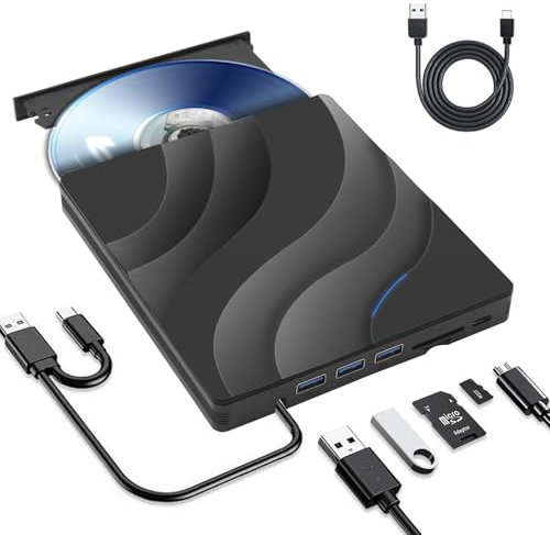 Portable Blu Ray Externe Lecteur,7 en 1 Lecteur Blu-Ray Externe USB3.0 Type -C ,Graveur CD Externe Portable avec Emplacement pour Carte SD/TF Plug and Play Lecteur DVD pour Windows/Linux/Laptop/PC