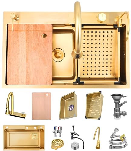 OMGMTSTORE 80 x 50 cm, gold waterfall sink, stainless steel, 1 washbasin, large workplace, kitchen sink, with pull-out tap, kitchen, 2 drainer baskets, cutting board, soap dispenser, glass washer,