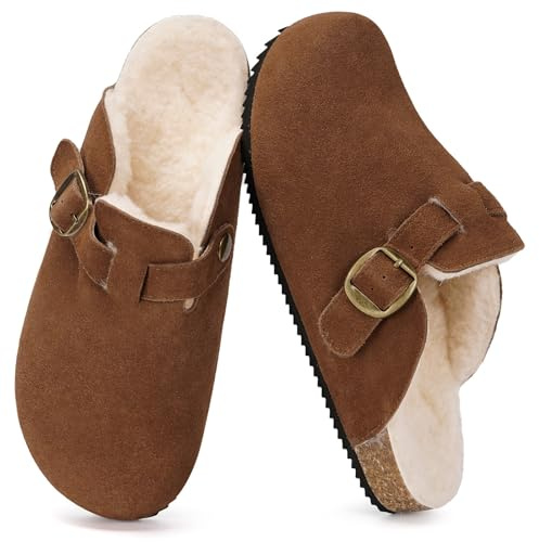 Dokela Pantoletten Gefüttert Damen Hausschuhe Herren Winter Wärme Plüsch Latschen Leder Schlappen Mit Fußbett rutschfest Schuhe Rotbraun 39