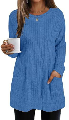 AMDOLE Women's Lightweight Jumpers with Pocket Long Sleeve Tops Casual Round Neck Ladies Curved Hem Tunic Top Long Tops to Wear with Leggings Ladies Lightweight Knit Jumpers Sweater Blue M