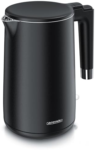 Arendo - Wasserkocher Edelstahl – 1,5 Liter - 2200 Watt – Doppelwand-Design – 360° Controller – BPA-frei – Überhitzungs- und Trockengehschutz - schwarz matt